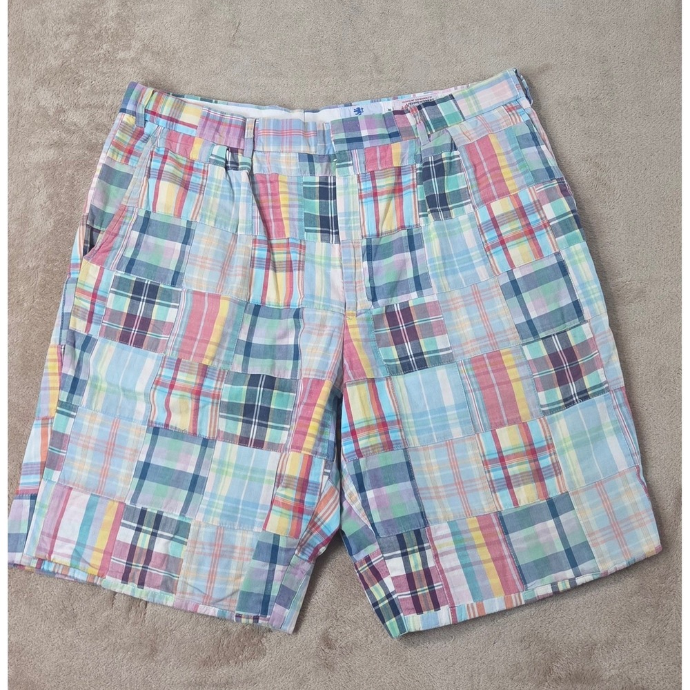 English Sports Shop Bermuda Indian Madras Patchwork Shorts 9" Men 38 Pleated EUC